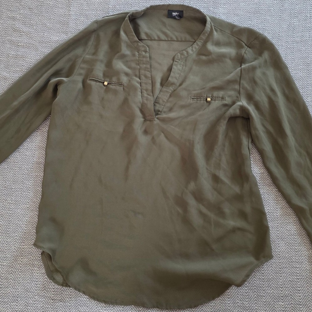 Mossimo Olive Green Split Neck Long Sleeve Blouse Gold Hardware Large